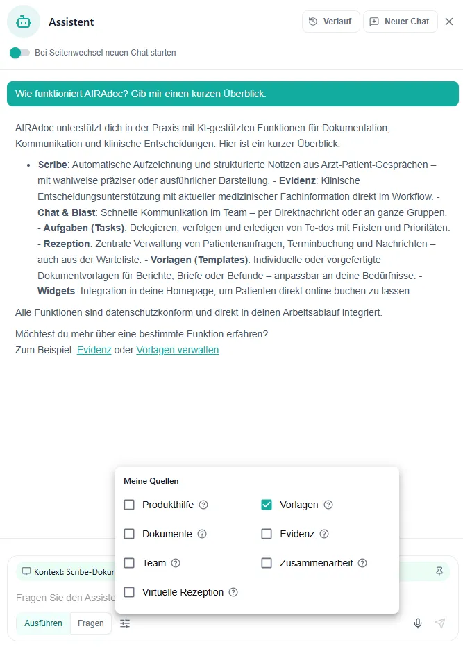 Das AIRAdoc-Assistenten-Panel mit einer Zusammenfassung, wie AIRAdoc funktioniert, und einer Auswahl „Meine Quellen" für Vorlagen, Dokumente, Evidenz, Team, Zusammenarbeit und Virtuelle Rezeption