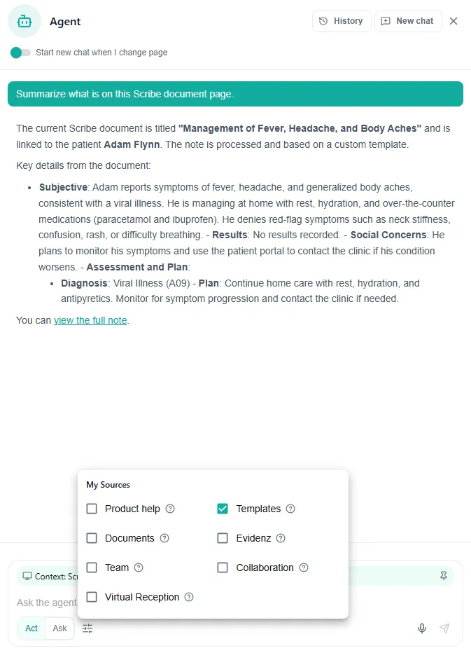 The AIRAdoc agent panel summarizing a Scribe document, with a My Sources selector for Templates, Documents, Evidence, Team, Collaboration, and Virtual Reception