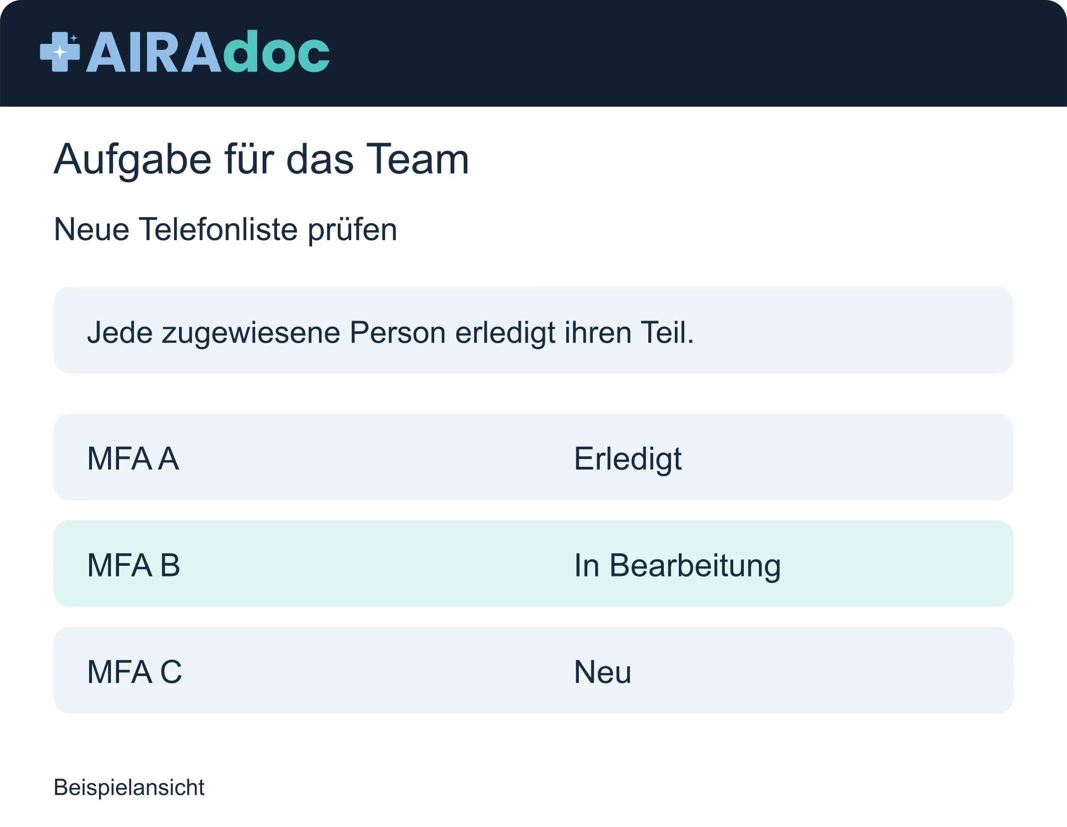 Beispielansicht: Aufgaben und Bearbeitungsstand verfolgen