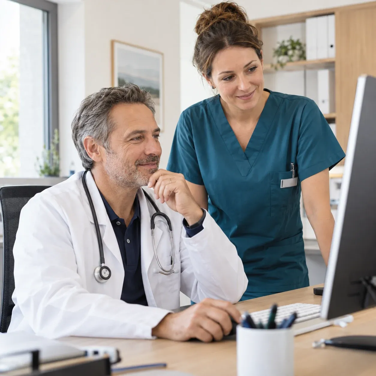 A doctor and a medical assistant work together at a screen
