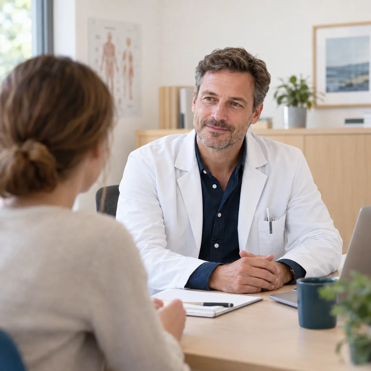 Ein Arzt hört einer Patientin im Gespräch aufmerksam zu