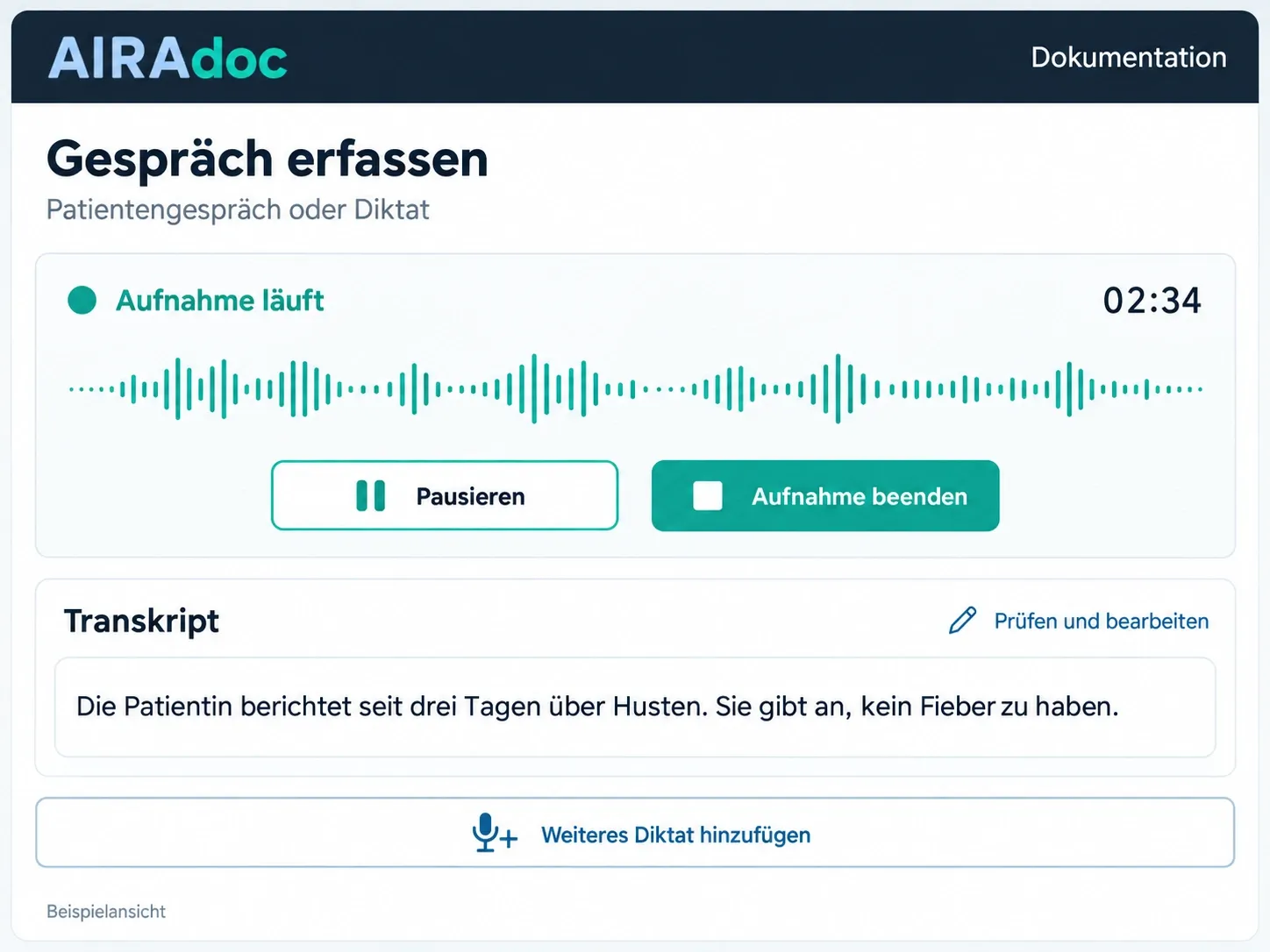 AIRAdoc-Beispielansicht zum Erfassen von Gesprächen und Diktaten mit Aufnahme, Pause-Funktion und Transkript