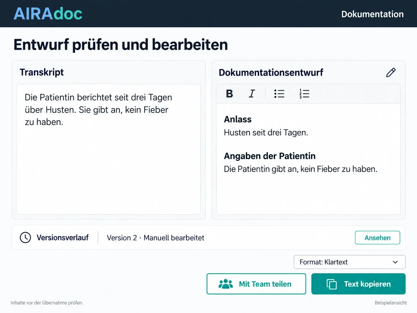 AIRAdoc-Beispielansicht zum Prüfen und Bearbeiten eines Dokumentationsentwurfs mit Transkriptvergleich, Versionsverlauf und Kopierfunktion