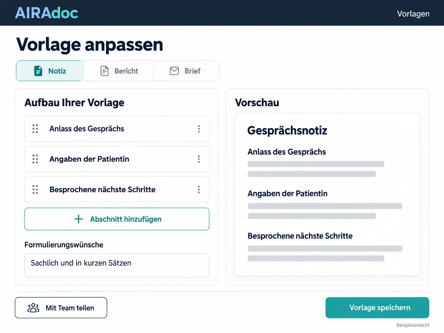 AIRAdoc-Beispielansicht zum Anpassen von Dokumentvorlagen mit Abschnitten, Formulierungswünschen, Vorschau und Teamfreigabe