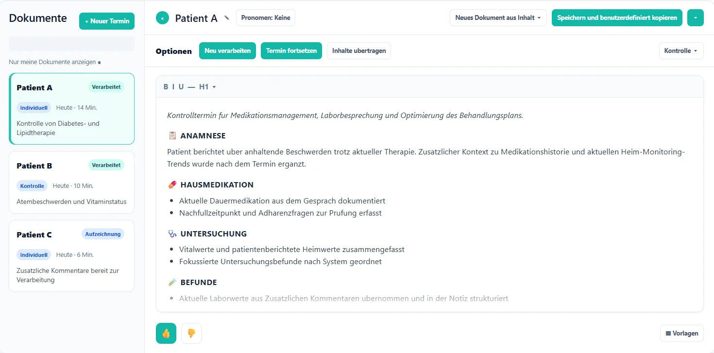 Der Dokumenteneditor mit Dokumentenliste, Patientenkarten und einer Notiz mit Anamnese, Hausmedikation, Untersuchung und Befunden, mit den Schaltflächen Neu verarbeiten, Termin fortsetzen und Inhalte übertragen