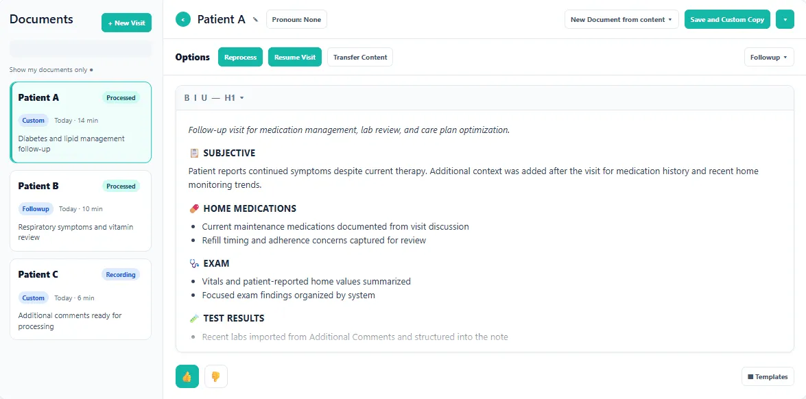 The document editor with a document list, patient cards, and a note with Subjective, Home Medications, Exam and Test Results sections, with Reprocess, Resume Visit and Transfer Content buttons