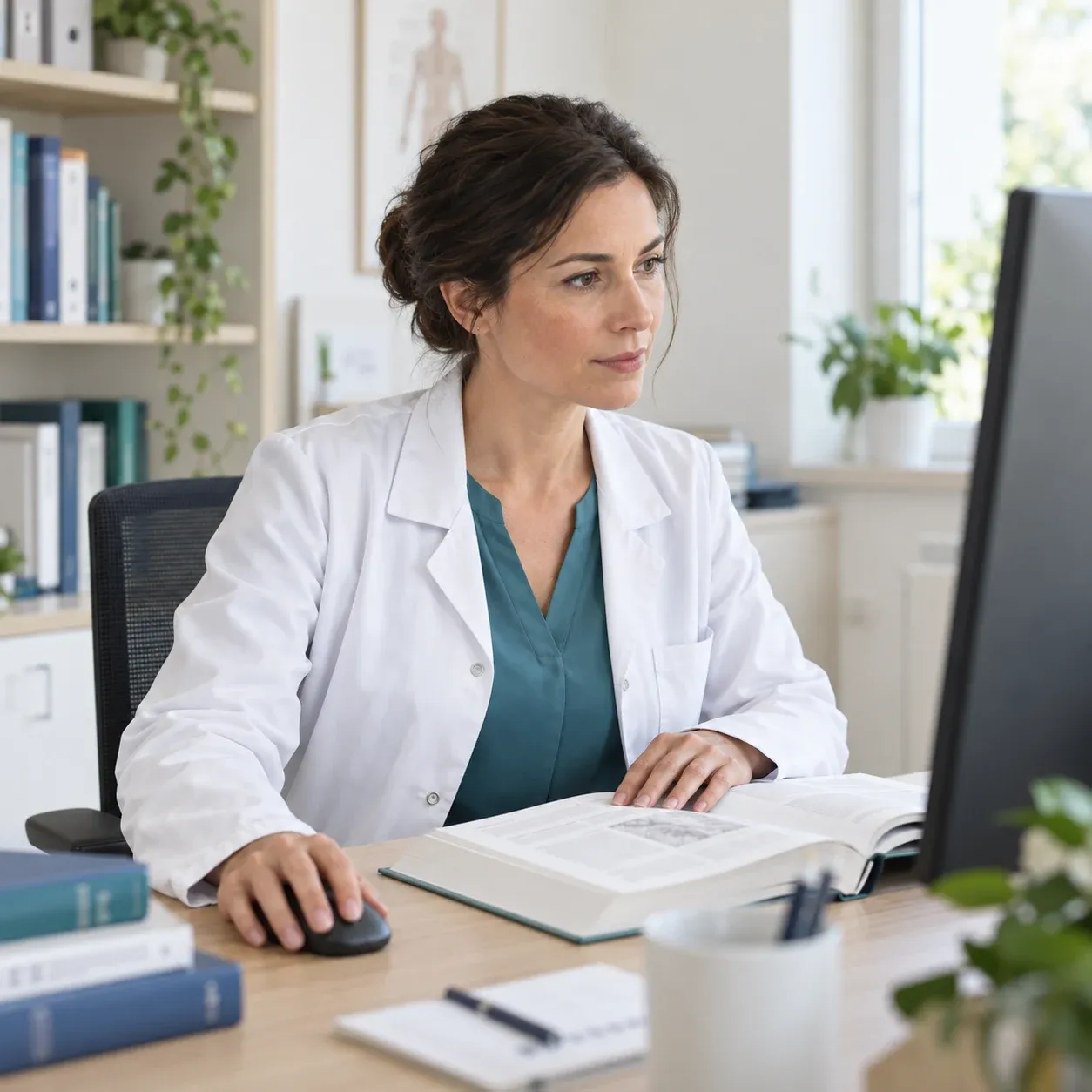 A doctor compares research on screen with medical literature