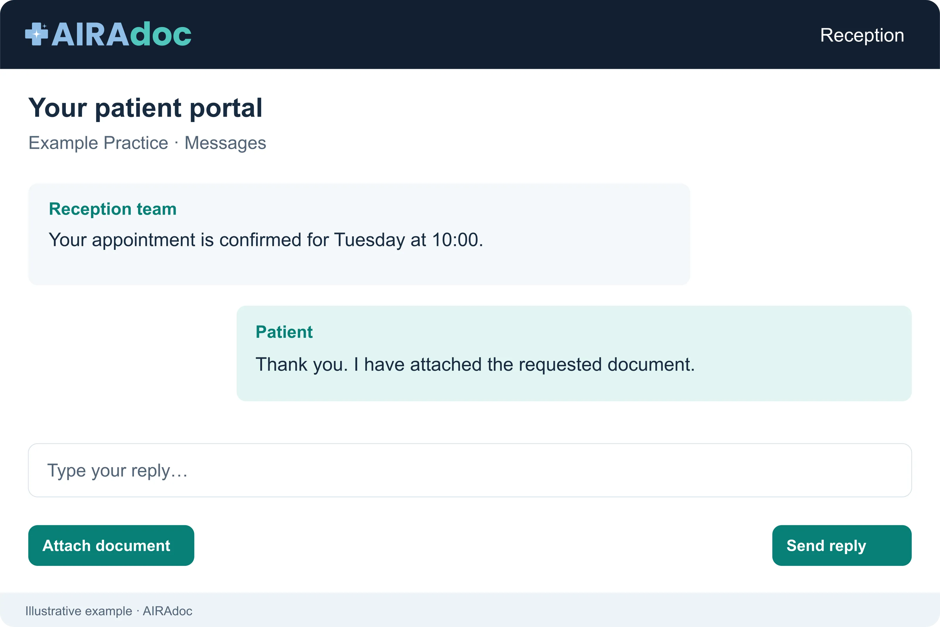 Example of the AIRAdoc patient portal with a conversation, appointment confirmation and reply function