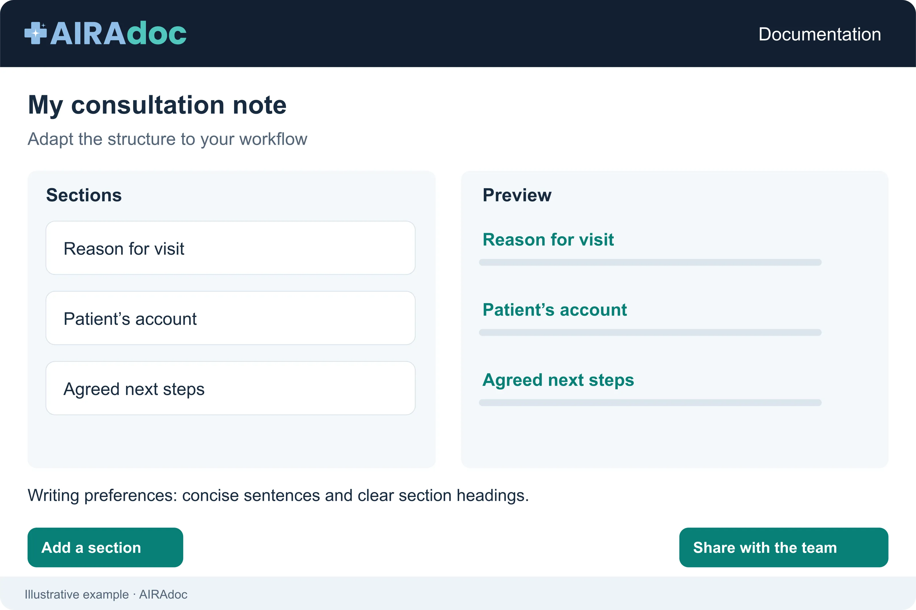 AIRAdoc example showing document template editing with sections, wording preferences, preview and team sharing