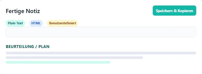 Die fertige Notiz mit der Schaltfläche Speichern & Kopieren und den Exportformaten Plain Text, HTML und Benutzerdefiniert