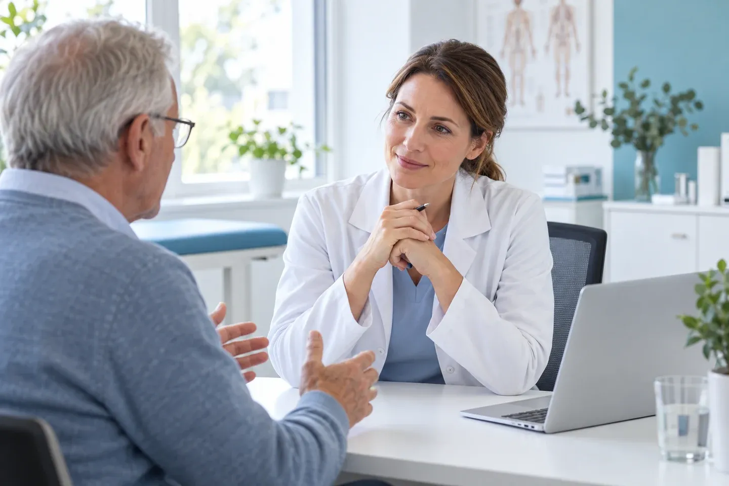 Eine Ärztin hört einem Patienten im hellen Sprechzimmer aufmerksam zu