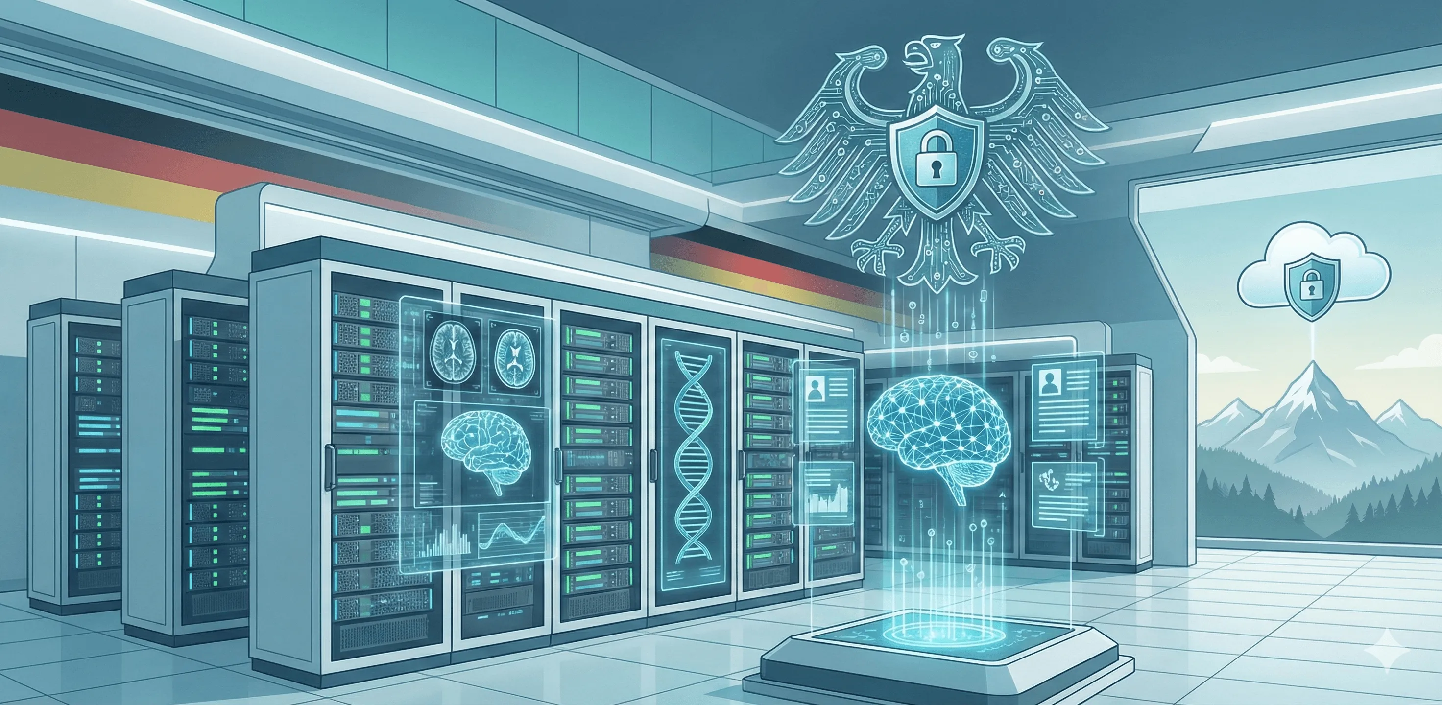 Ein Serverraum mit Gehirn- und DNA-Hologrammen unter einem Bundesadler-Emblem mit Schutzschild, im Hintergrund Berge hinter einem Fenster