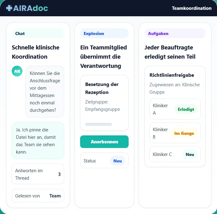 Drei Koordinationskarten in der AIRAdoc-App – Chat für schnelle klinische Koordination, Blast für die Übernahme einer Aufgabe durch ein Teammitglied und Aufgaben, bei denen jeder Zugeteilte seinen Teil erledigt