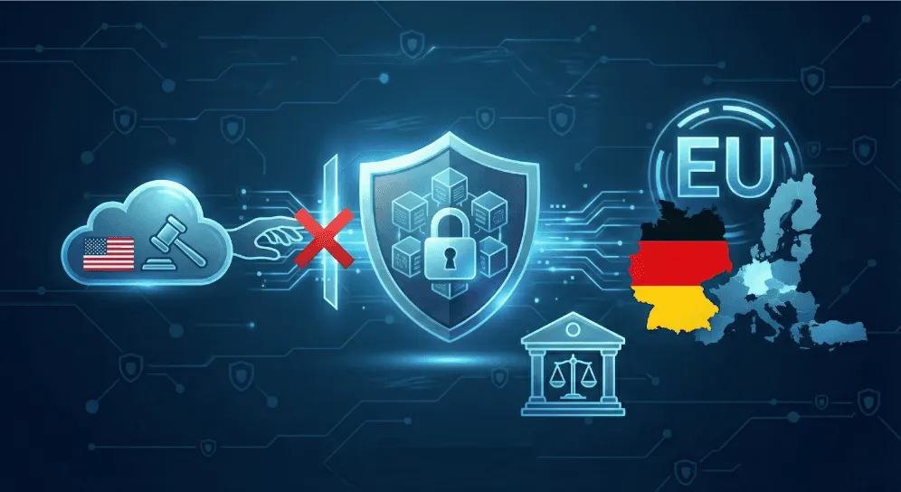 Grafik mit US-Flagge und durchgestrichener Verbindung zu einem Schutzschild, daneben die deutsche und die EU-Flagge