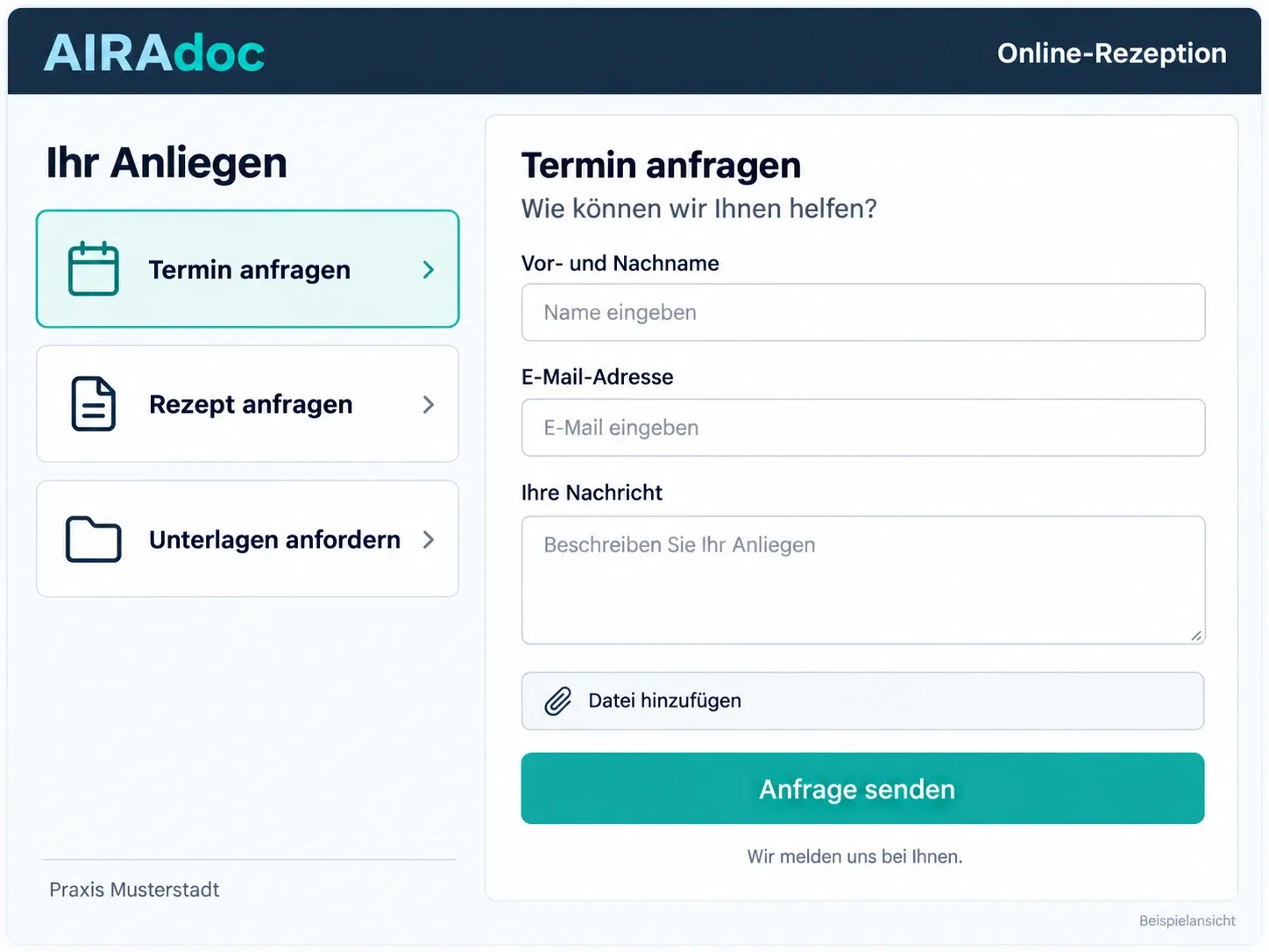Beispielansicht der AIRAdoc Online-Rezeption mit deutschen Formularen für Termin-, Rezept- und Unterlagenanfragen