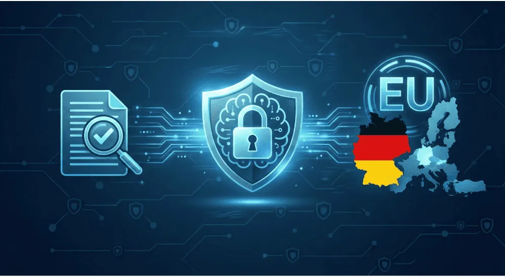 Symbole für Dokumentenprüfung, Datenverschlüsselung und Schutzschild vor einer Deutschland- und EU-Kartengrafik