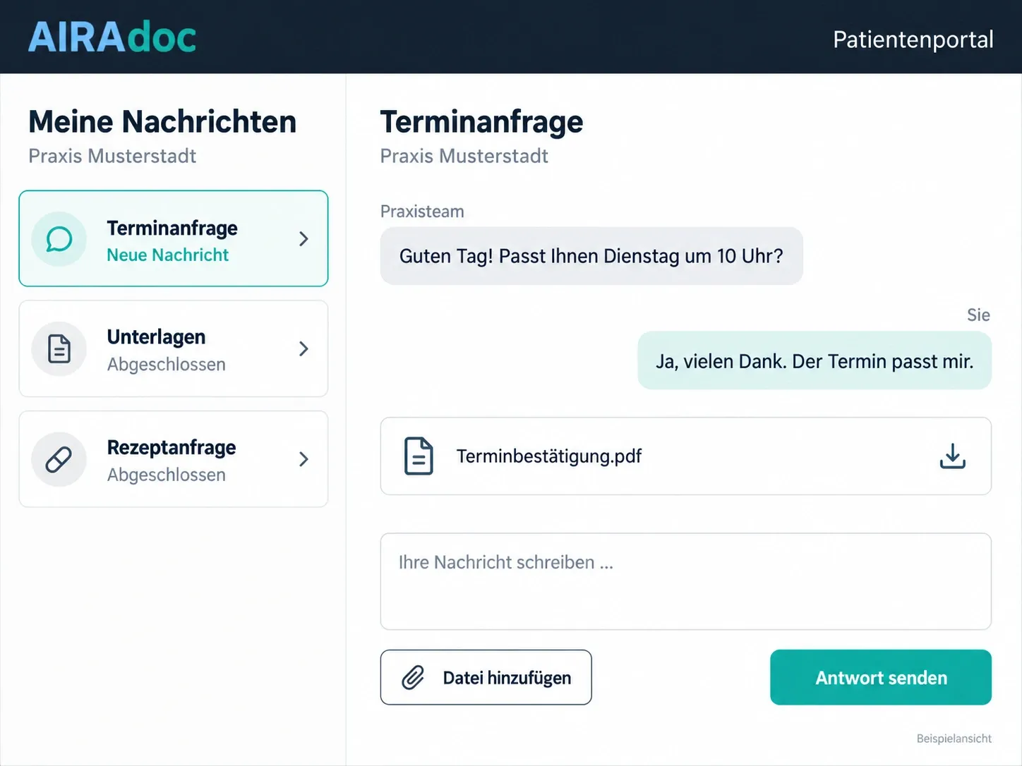 Beispielansicht des AIRAdoc-Patientenportals mit Nachrichtenverlauf, Terminbestätigung und Antwortfunktion