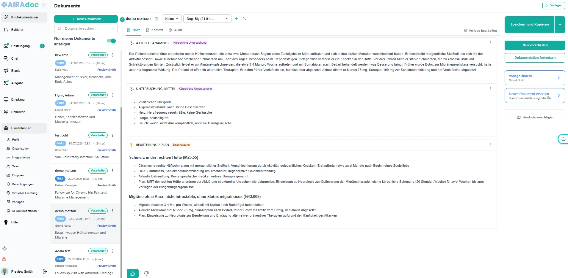 Eine in Echtzeit erstellte Gesprächsdokumentation mit Anamnese, Befunden und Terminliste
