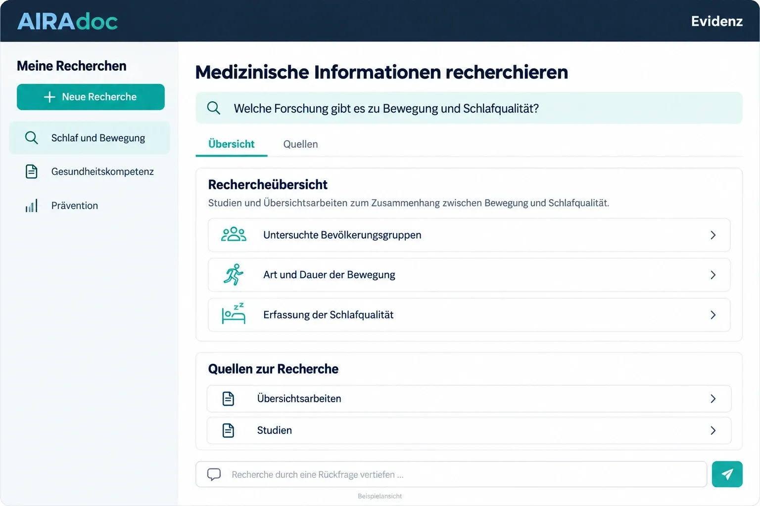 Beispielansicht der AIRAdoc-Evidenz mit Rechercheübersicht, Quellen und Rückfragefunktion