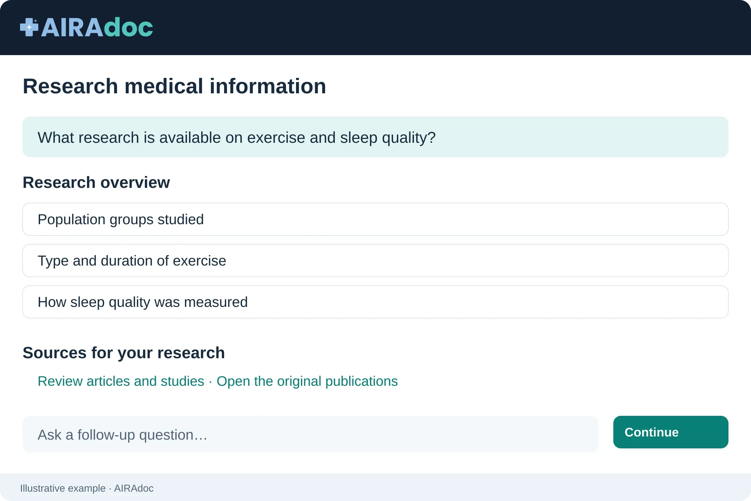 Example of AIRAdoc Evidence with a research overview, sources and follow-up questions