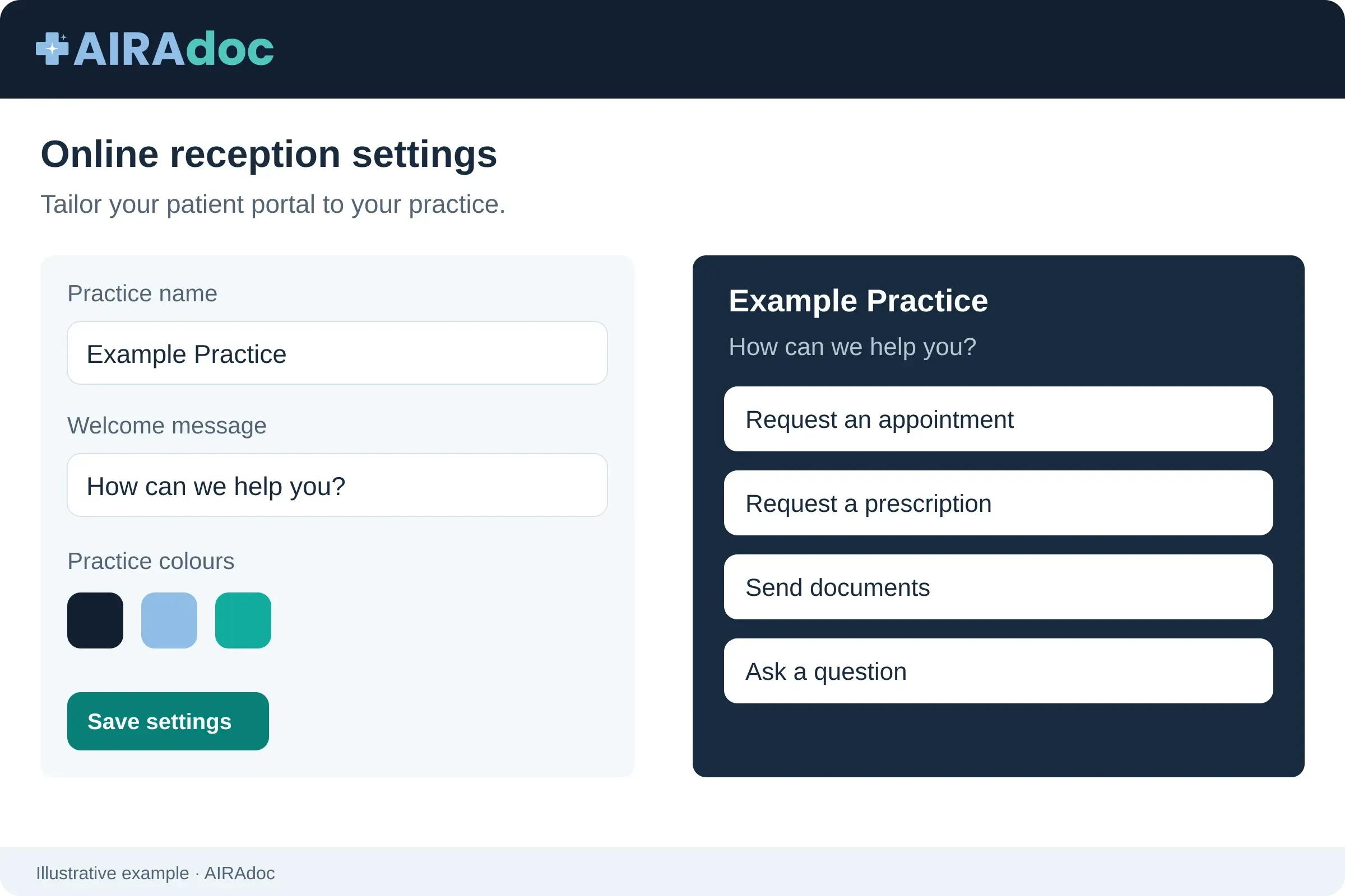Example of AIRAdoc's online reception with appearance settings and a patient preview