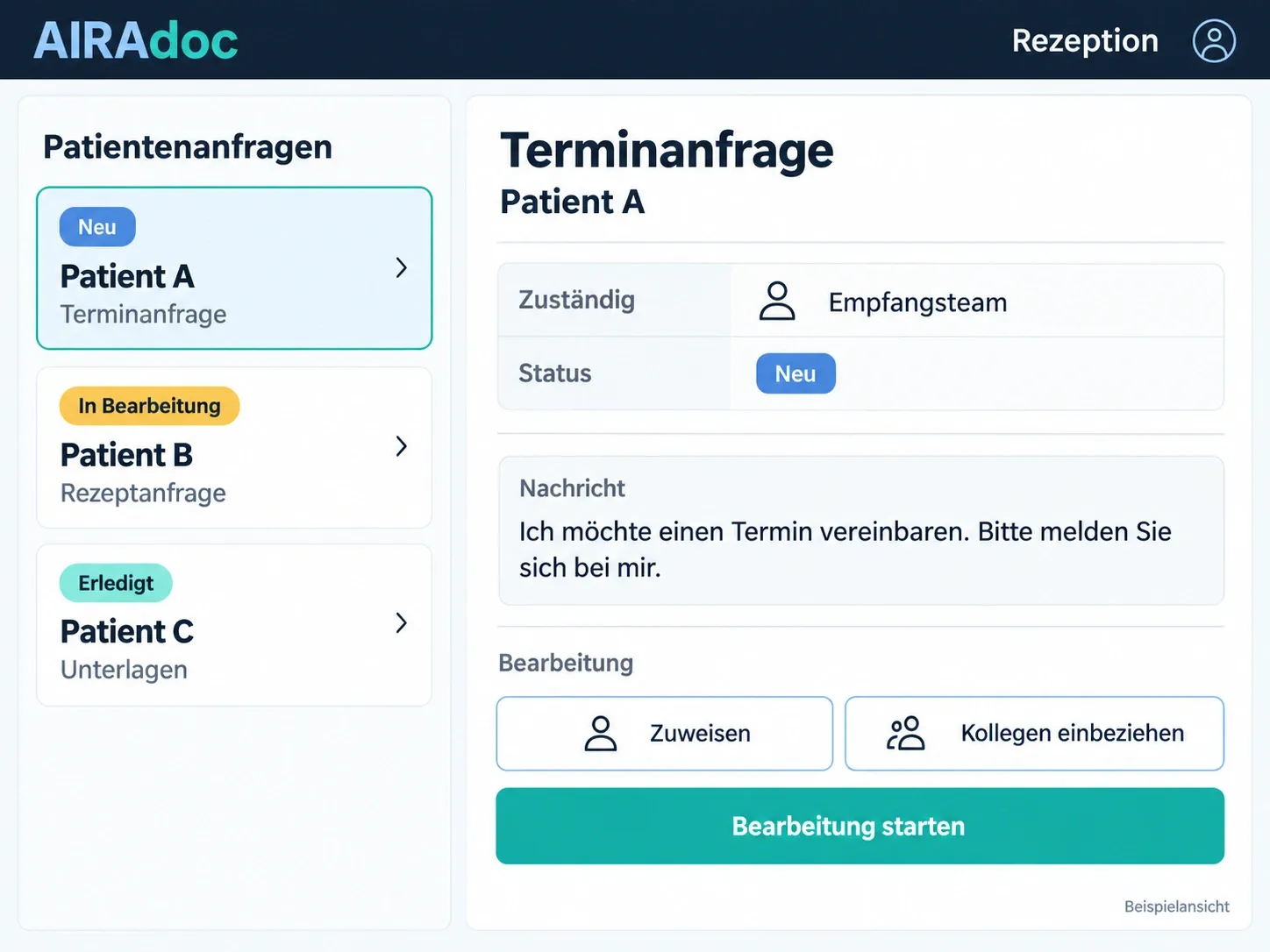 Beispielansicht des AIRAdoc-Rezeptionsposteingangs mit Patientenanfragen, zuständigem Empfangsteam und Bearbeitungsstatus