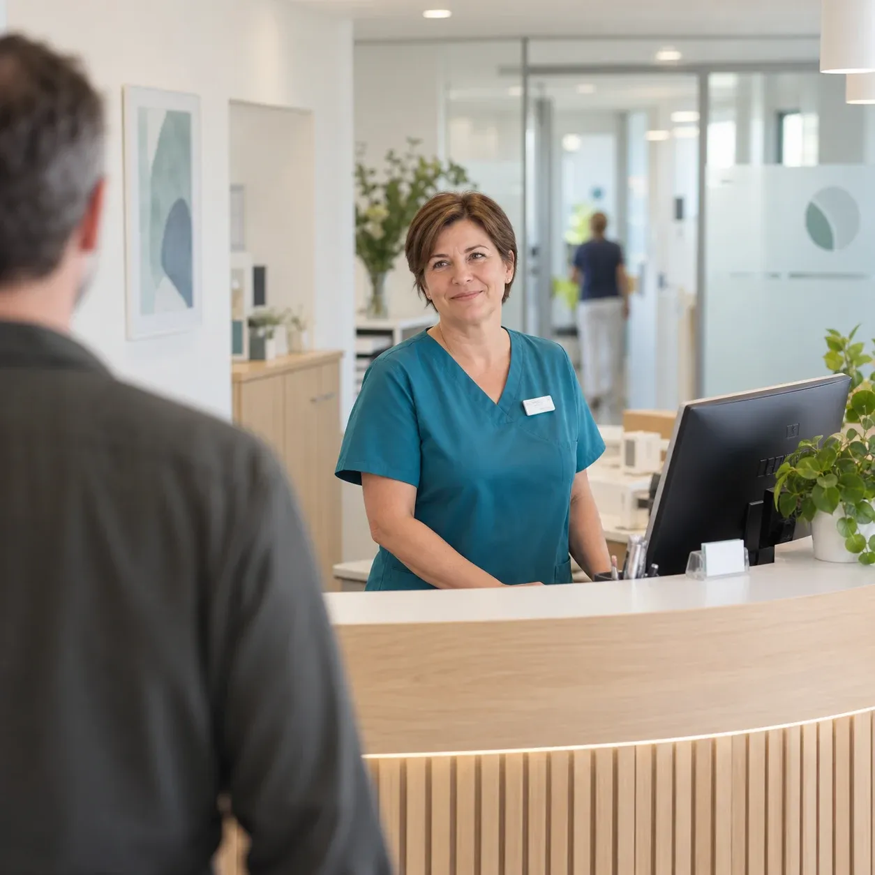A medical assistant welcomes a patient at the reception desk of a bright medical practice