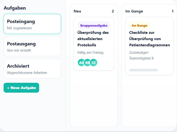 Der Aufgaben-Posteingang mit den Spalten Neu und Im Gange, mit einer Gruppenaufgabe und einer individuellen Checkliste