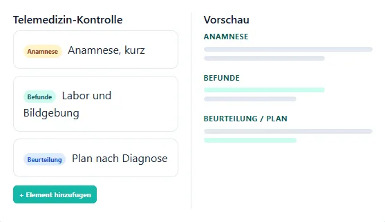 Der Notizvorlagen-Generator mit den Elementen Anamnese, Labor und Bildgebung sowie Plan nach Diagnose, daneben eine Live-Vorschau der Vorlage
