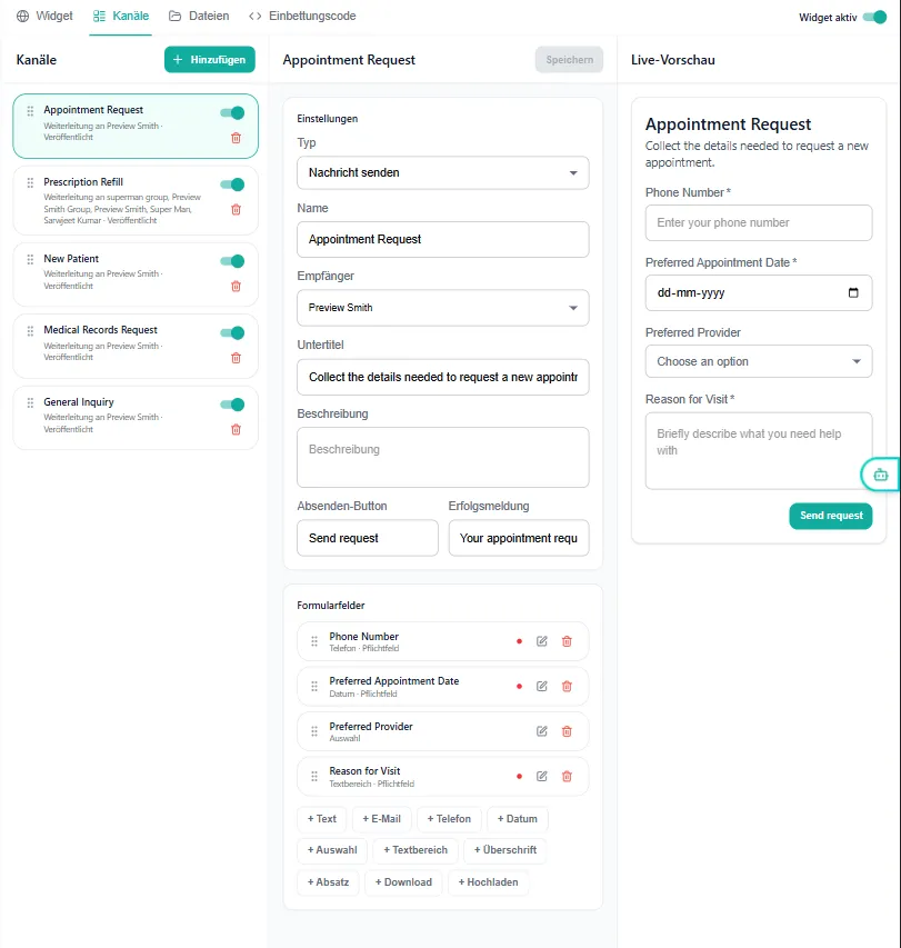 AIRAdoc-Assistent Kanal-Builder mit dem Formular „Appointment Request“, seinen Feldern und einer Live-Vorschau des daraus entstehenden Widgets