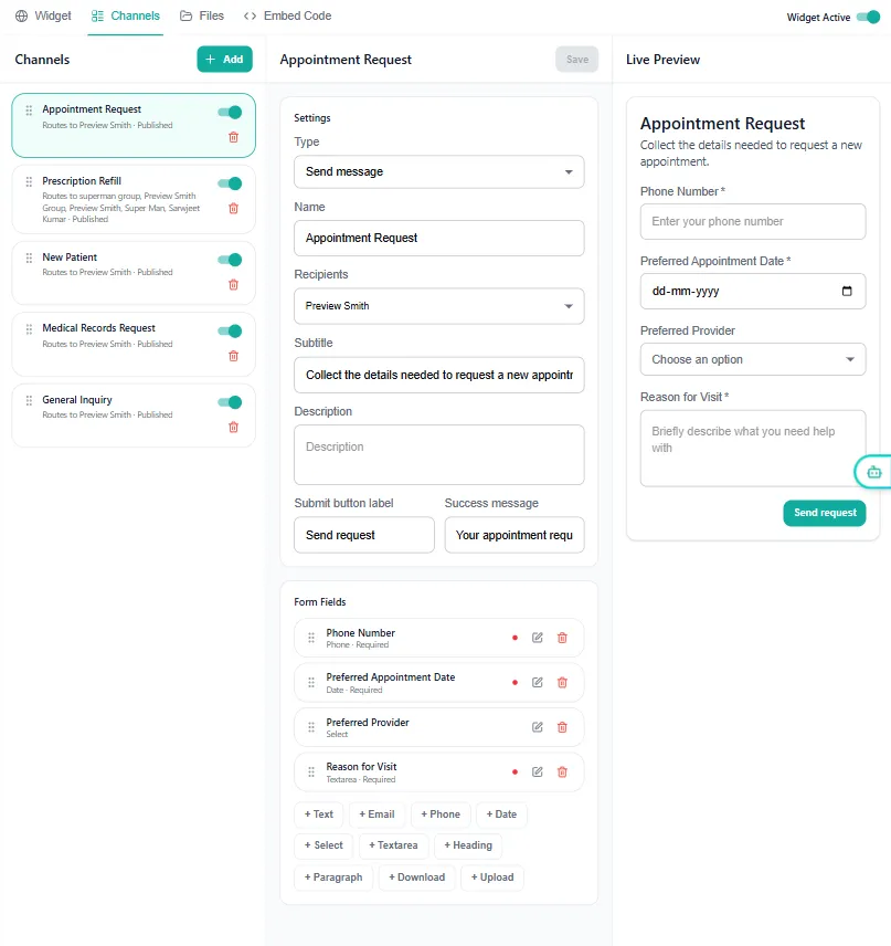 AIRAdoc agent channel builder showing the Appointment Request form with its fields and a live preview of the resulting widget