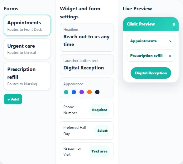 Die Widget-Einstellungen mit Formularliste, Gestaltungsoptionen und Live-Vorschau des Empfangswidgets