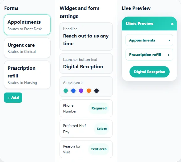 The widget settings with the form list, appearance options, and a live preview of the reception widget